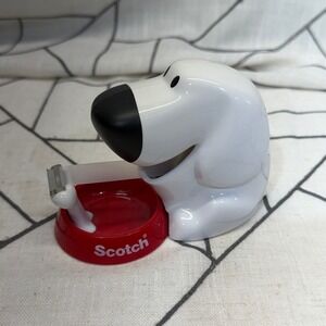 Scotch Dog Tape Dispenser Small White Red Bone Bowl Novelty Office Desk Decor